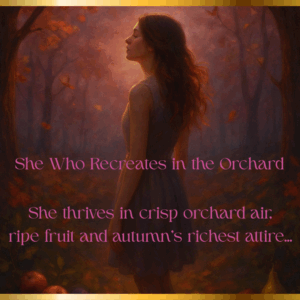 She Who Recreates in crisp orchard air